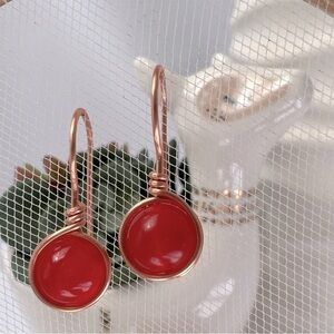 Red Jade and Copper Wire Wrapped Minimalist Earrings